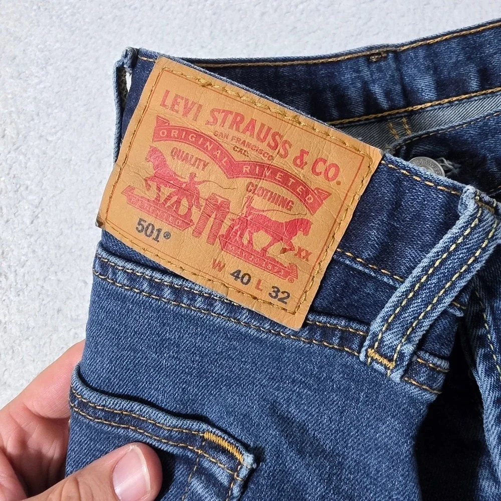Levi 501 Original Mens 40/32 Jeans Blue Stretch Straight Leg Button Fly Denim